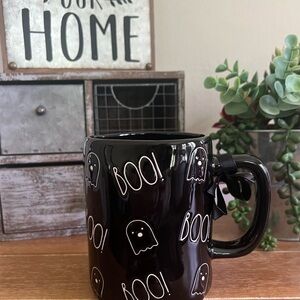 New Rae Dunn Black Ceramic Mug White Ghosts BOO
